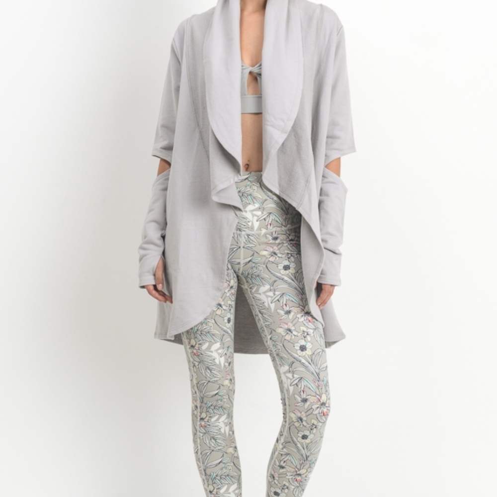 Light Grey Open Front Cardigan With Cutout Sleeve - Picture 2 of 5